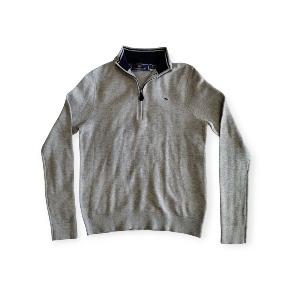 VINEYARD VINES Boys Grey 1/4 Zip Sweater Whale Cotton Sz M 12-14 NEW